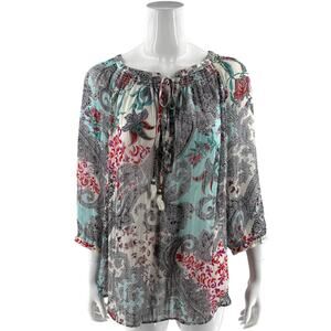 Daniel Rainn Peasant Top Plus Size 1X Blue Black Pink Paisley Sheer Boho Blouse